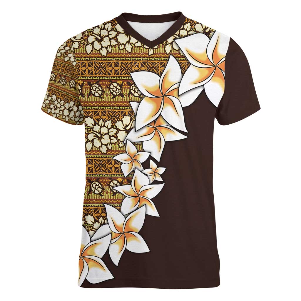 Vintage Hibiscus Turtle Pattern Women V-Neck T-Shirt with Plumeria Half Style LT9 Female Gold - Polynesian Pride