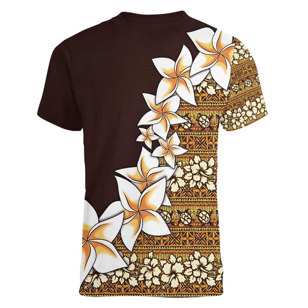 Vintage Hibiscus Turtle Pattern Women V-Neck T-Shirt with Plumeria Half Style LT9 - Polynesian Pride