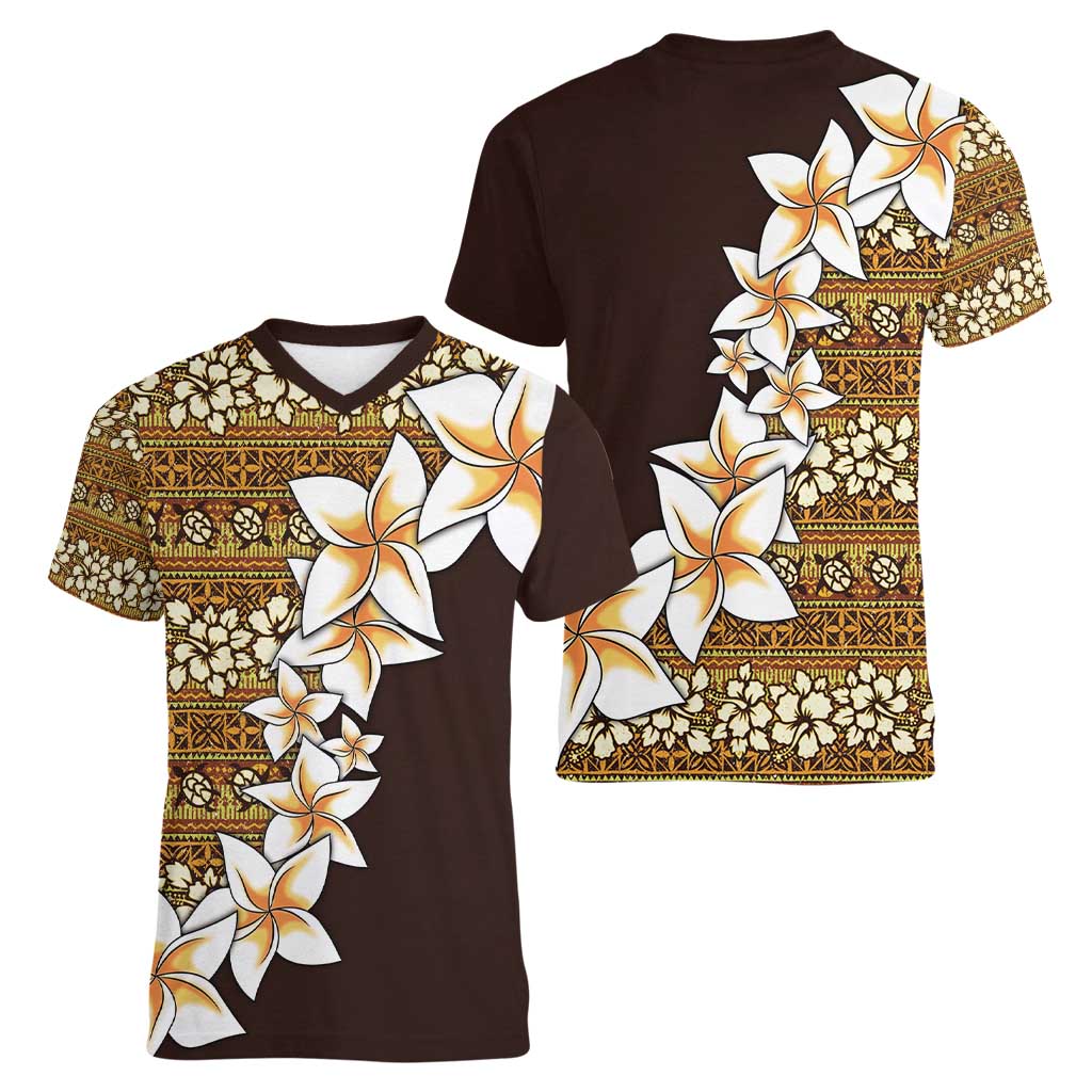 Vintage Hibiscus Turtle Pattern Women V-Neck T-Shirt with Plumeria Half Style LT9 - Polynesian Pride
