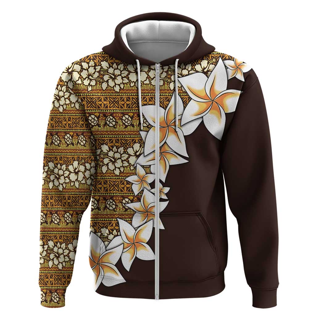 Vintage Hibiscus Turtle Pattern Zip Hoodie with Plumeria Half Style