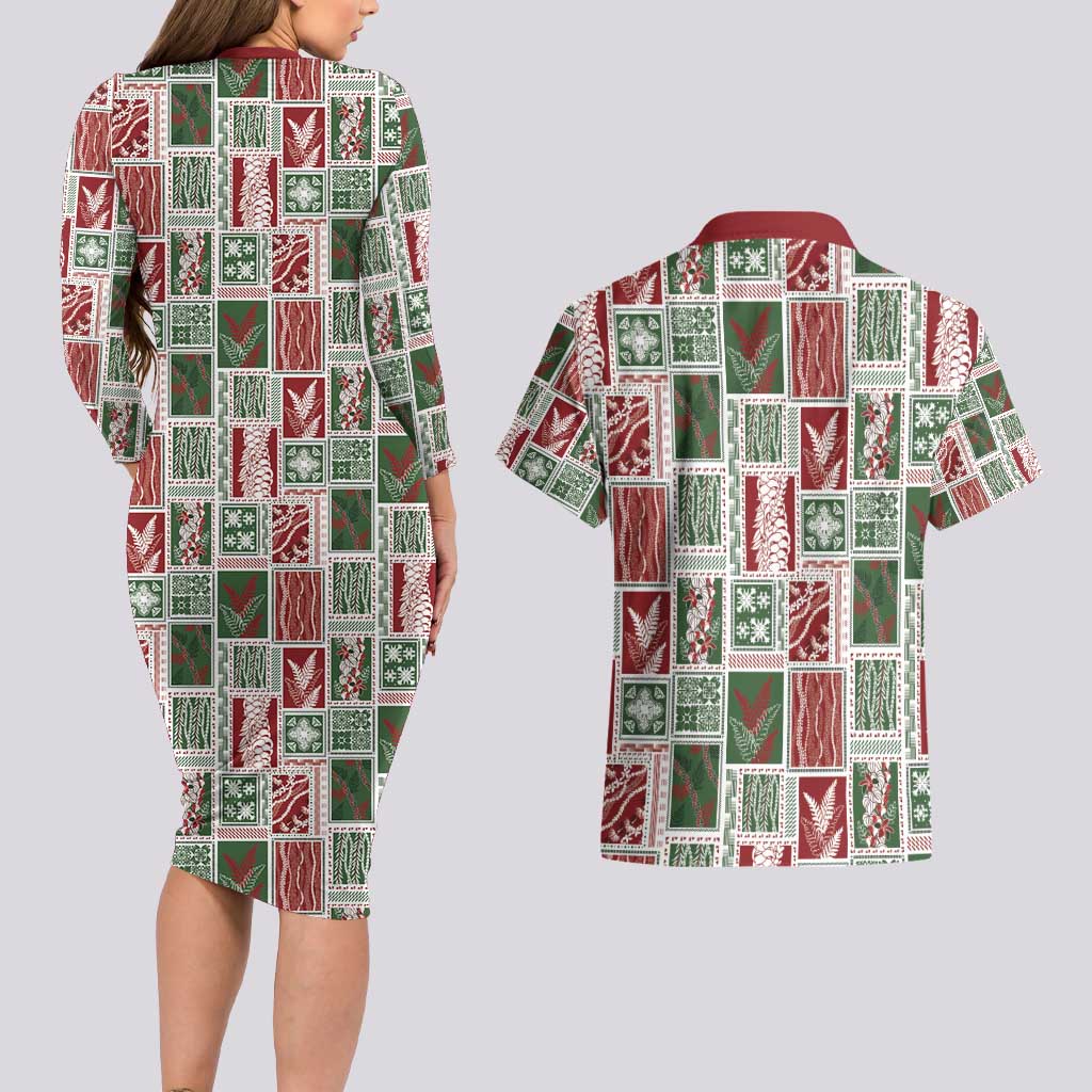 Mele Kalikimaka Hawaiian Quilt and Lei Patchwork Couples Matching Long Sleeve Bodycon Dress and Hawaiian Shirt - Polynesian Pride