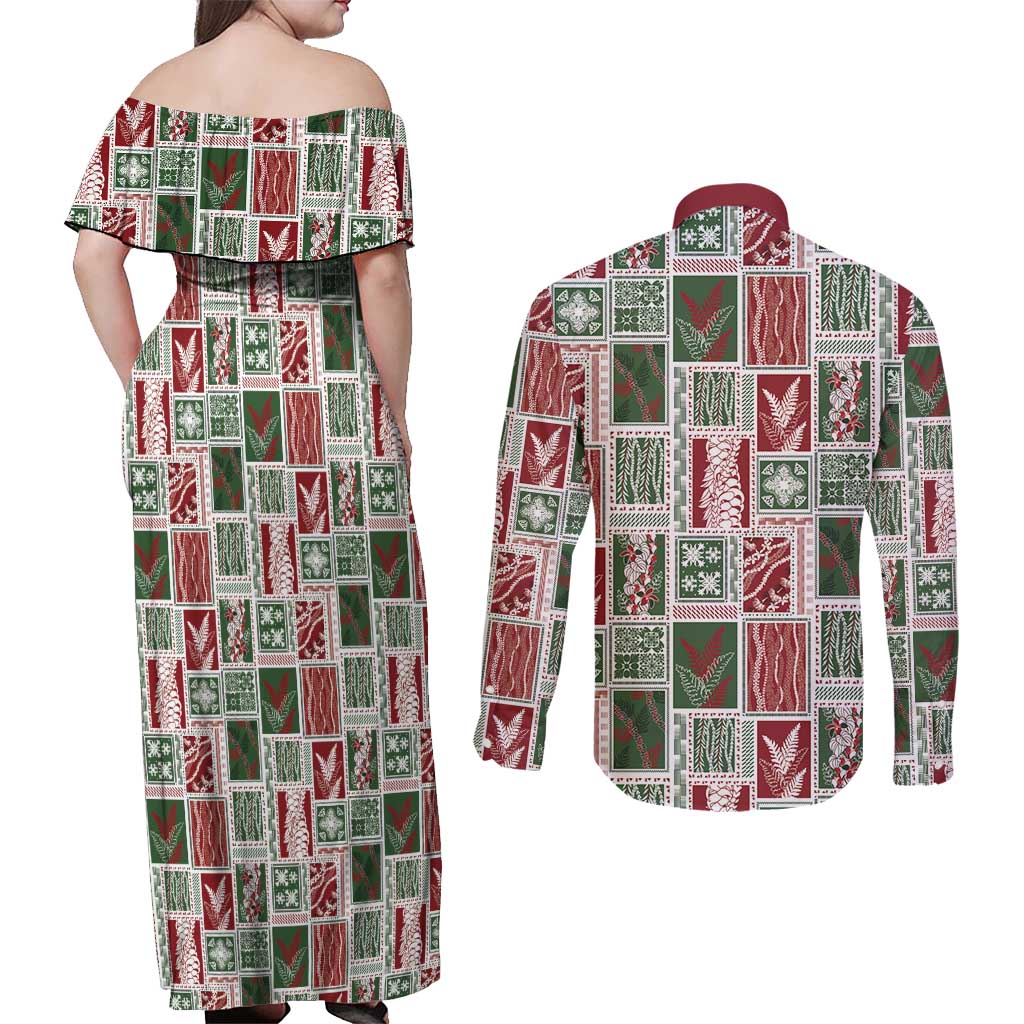 Mele Kalikimaka Hawaiian Quilt and Lei Patchwork Couples Matching Off Shoulder Maxi Dress and Long Sleeve Button Shirt - Polynesian Pride