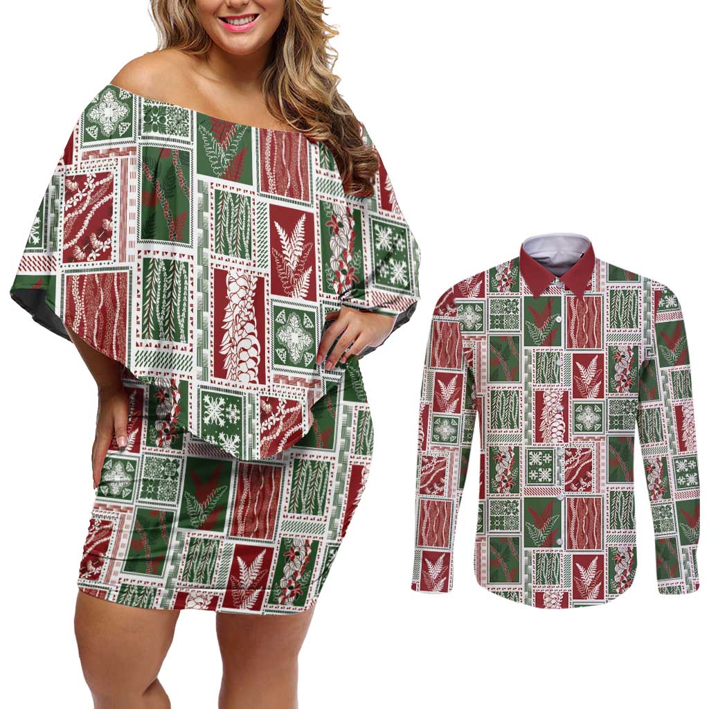 Mele Kalikimaka Hawaiian Quilt and Lei Patchwork Couples Matching Off Shoulder Short Dress and Long Sleeve Button Shirt - Polynesian Pride