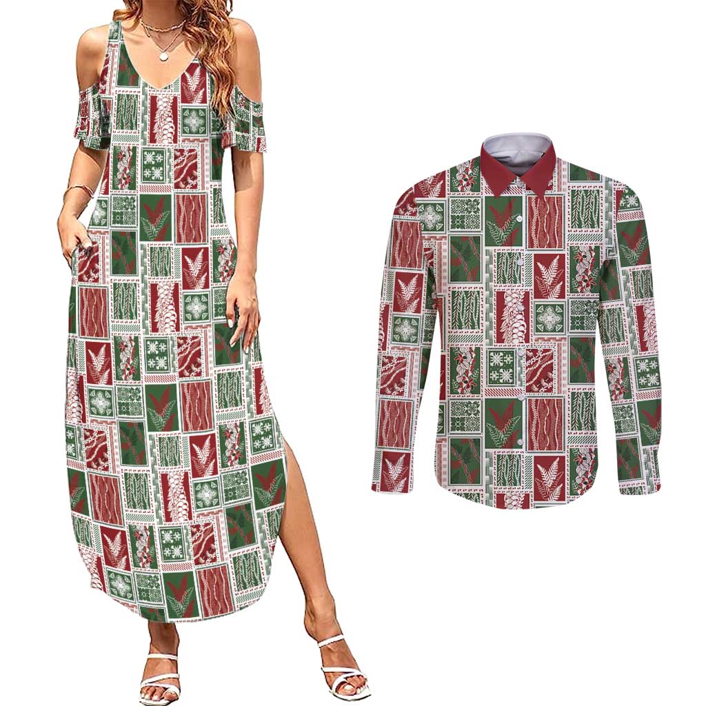 Mele Kalikimaka Hawaiian Quilt and Lei Patchwork Couples Matching Summer Maxi Dress and Long Sleeve Button Shirt - Polynesian Pride