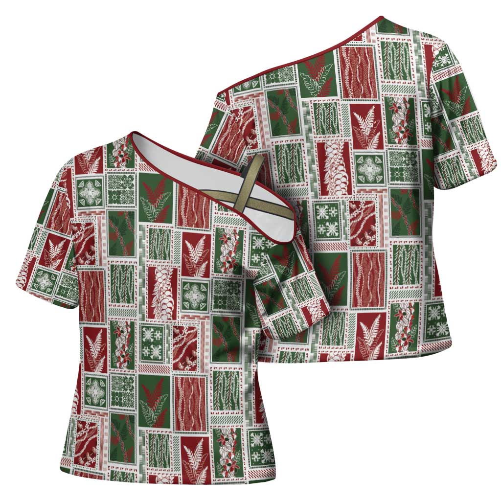Mele Kalikimaka Hawaiian Quilt and Lei Patchwork Cross Shoulder Shirt - Polynesian Pride