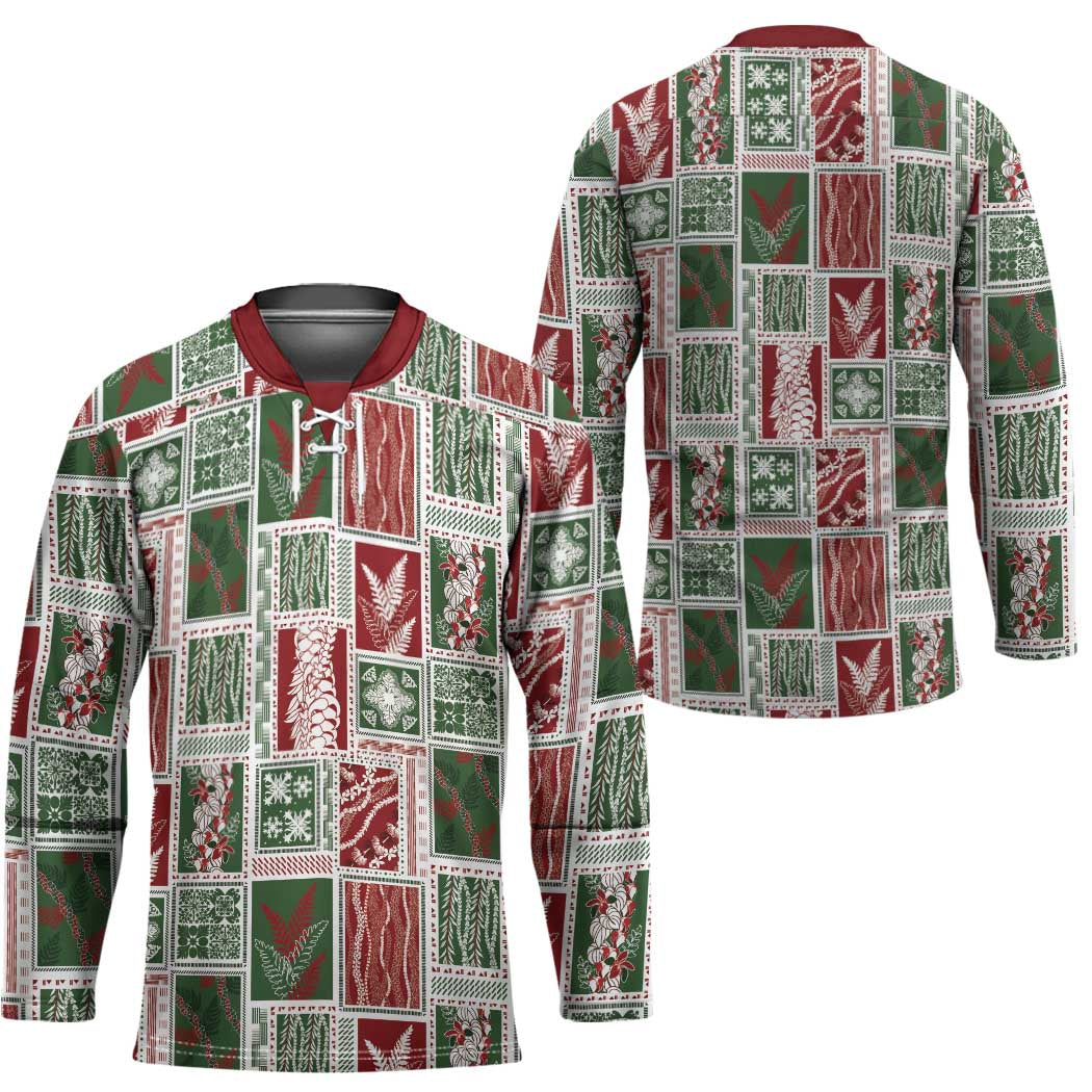 Mele Kalikimaka Hawaiian Quilt and Lei Patchwork Hockey Jersey - Polynesian Pride