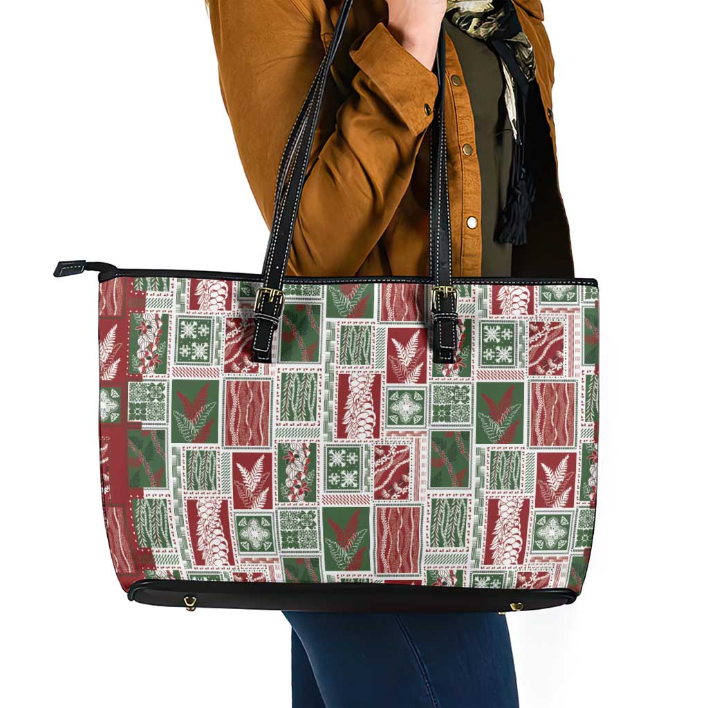 Mele Kalikimaka Hawaiian Quilt and Lei Patchwork Leather Tote Bag - Polynesian Pride