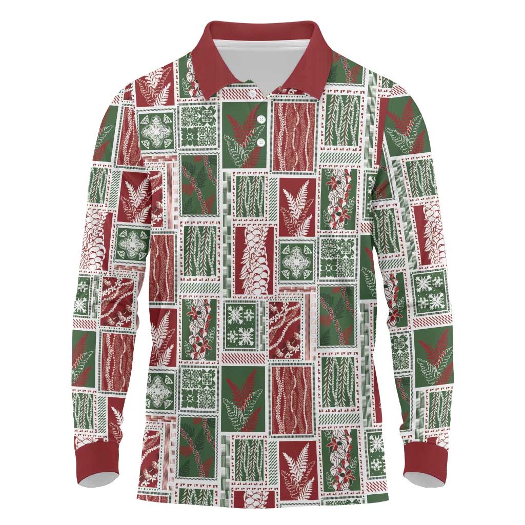 Mele Kalikimaka Hawaiian Quilt and Lei Patchwork Long Sleeve Polo Shirt - Polynesian Pride