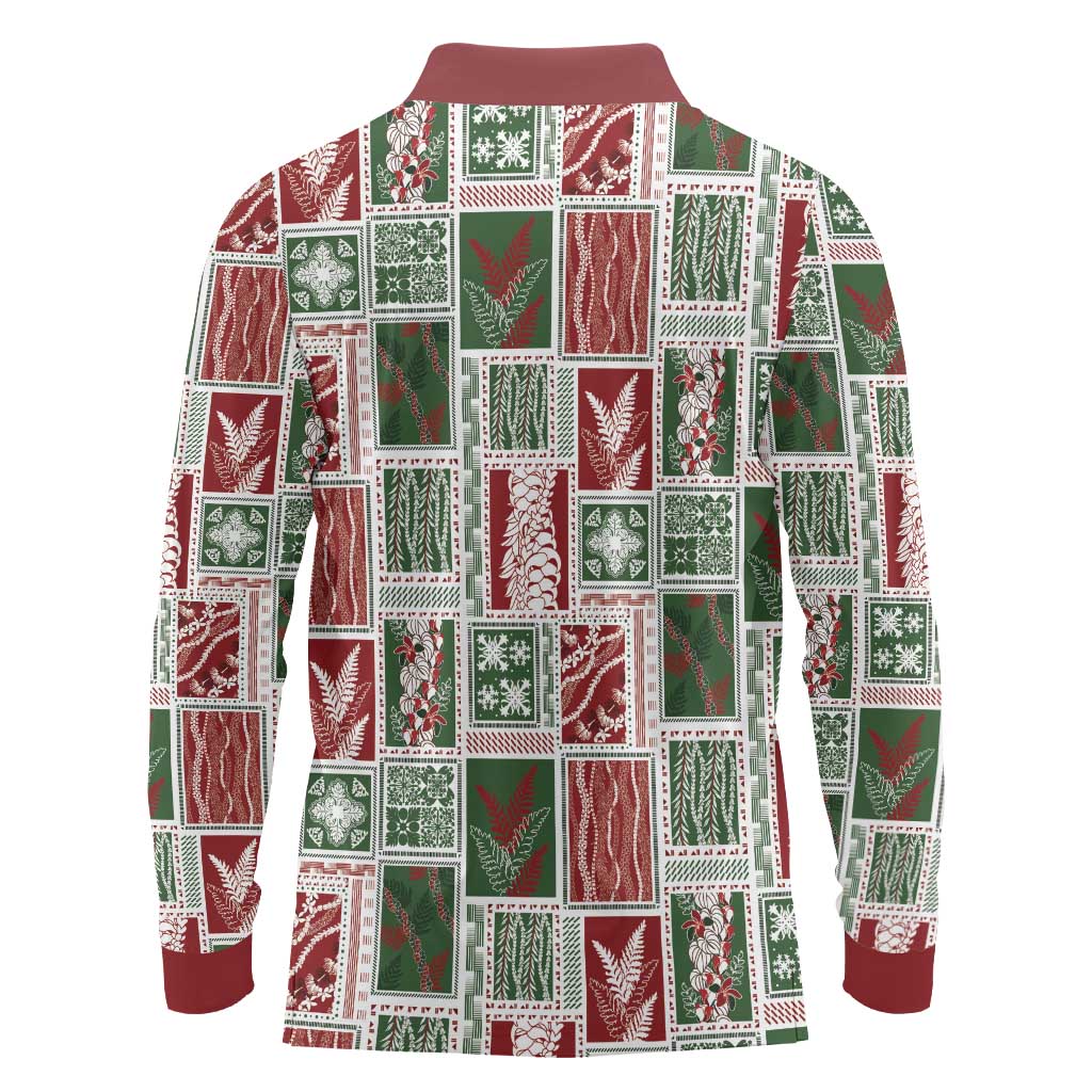 Mele Kalikimaka Hawaiian Quilt and Lei Patchwork Long Sleeve Polo Shirt - Polynesian Pride