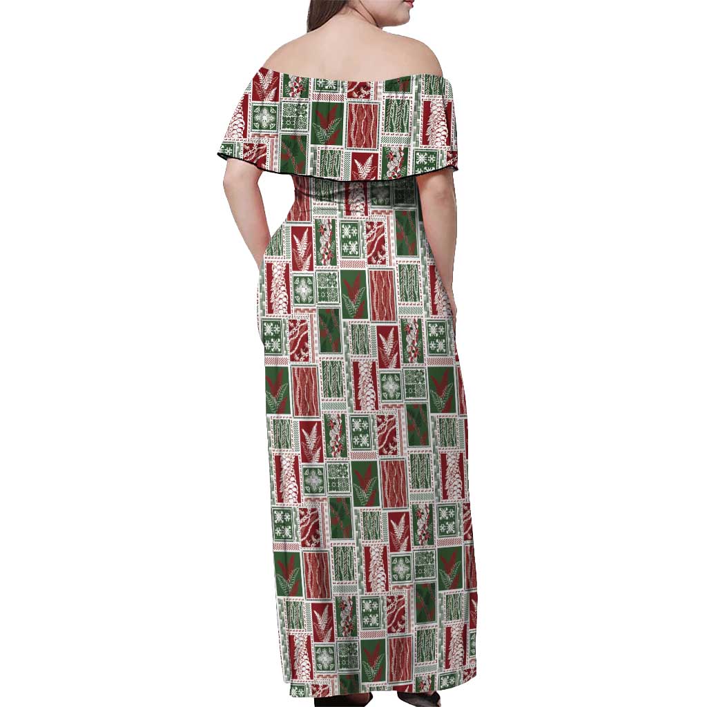 Mele Kalikimaka Hawaiian Quilt and Lei Patchwork Off Shoulder Maxi Dress - Polynesian Pride