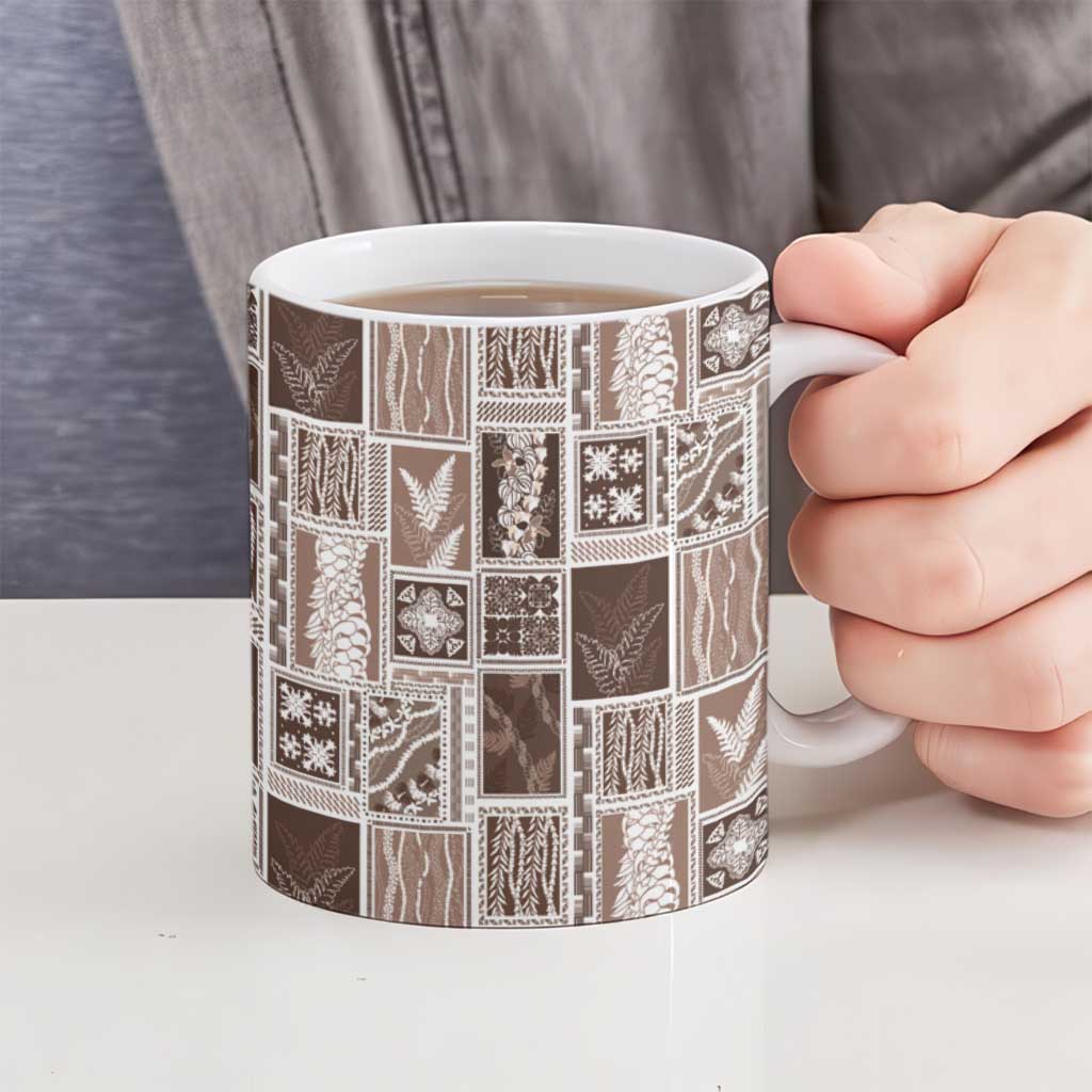 Vintage Aloha Block Quilt Ceramic Mug Beige Inspired Lei Motifs - Polynesian Pride