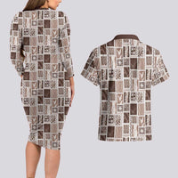 Vintage Aloha Block Quilt Couples Matching Long Sleeve Bodycon Dress and Hawaiian Shirt Beige Inspired Lei Motifs - Polynesian Pride