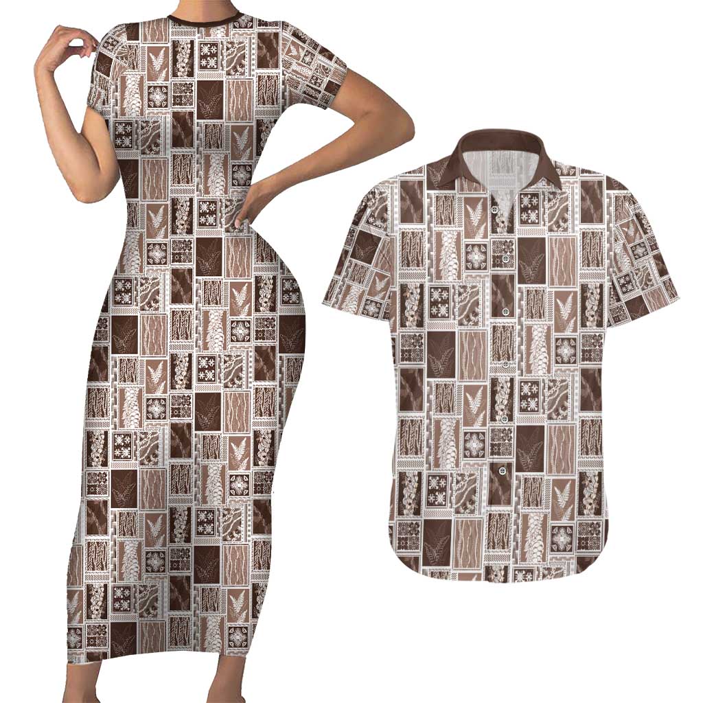 Vintage Aloha Block Quilt Couples Matching Short Sleeve Bodycon Dress and Hawaiian Shirt Beige Inspired Lei Motifs - Polynesian Pride