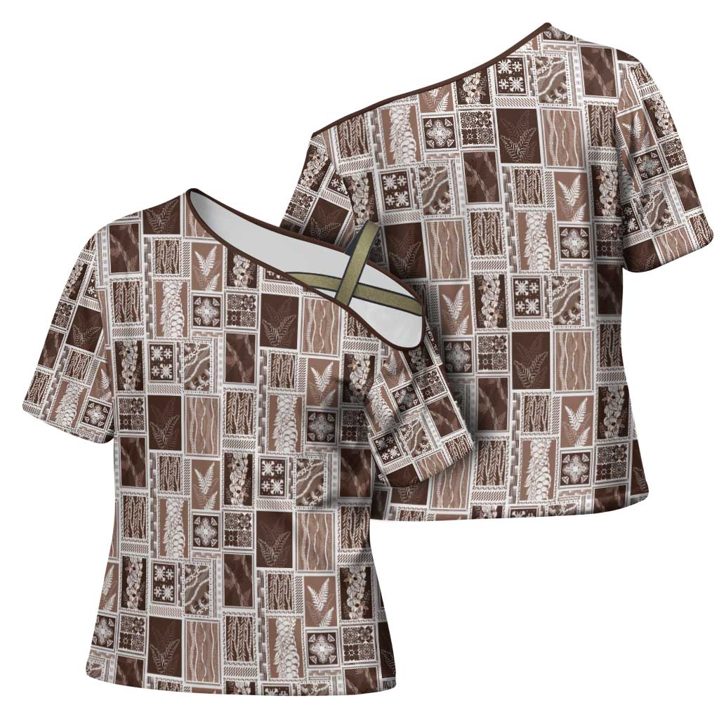 Vintage Aloha Block Quilt Cross Shoulder Shirt Beige Inspired Lei Motifs - Polynesian Pride
