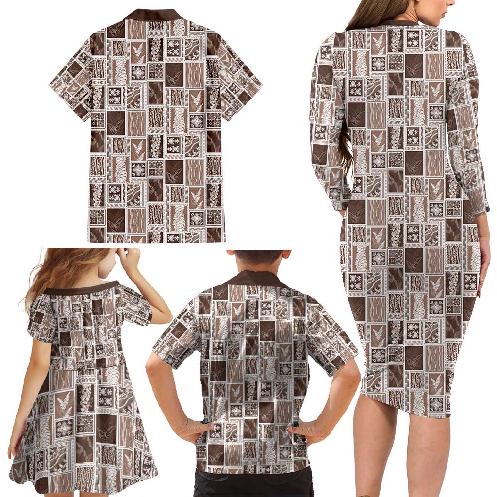 Vintage Aloha Block Quilt Family Matching Long Sleeve Bodycon Dress and Hawaiian Shirt Beige Inspired Lei Motifs - Polynesian Pride