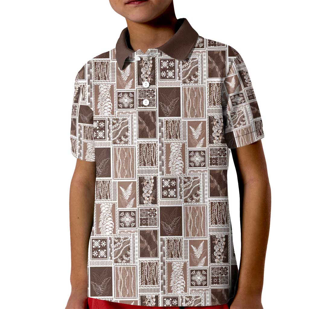 Vintage Aloha Block Quilt Kid Polo Shirt Beige Inspired Lei Motifs - Polynesian Pride