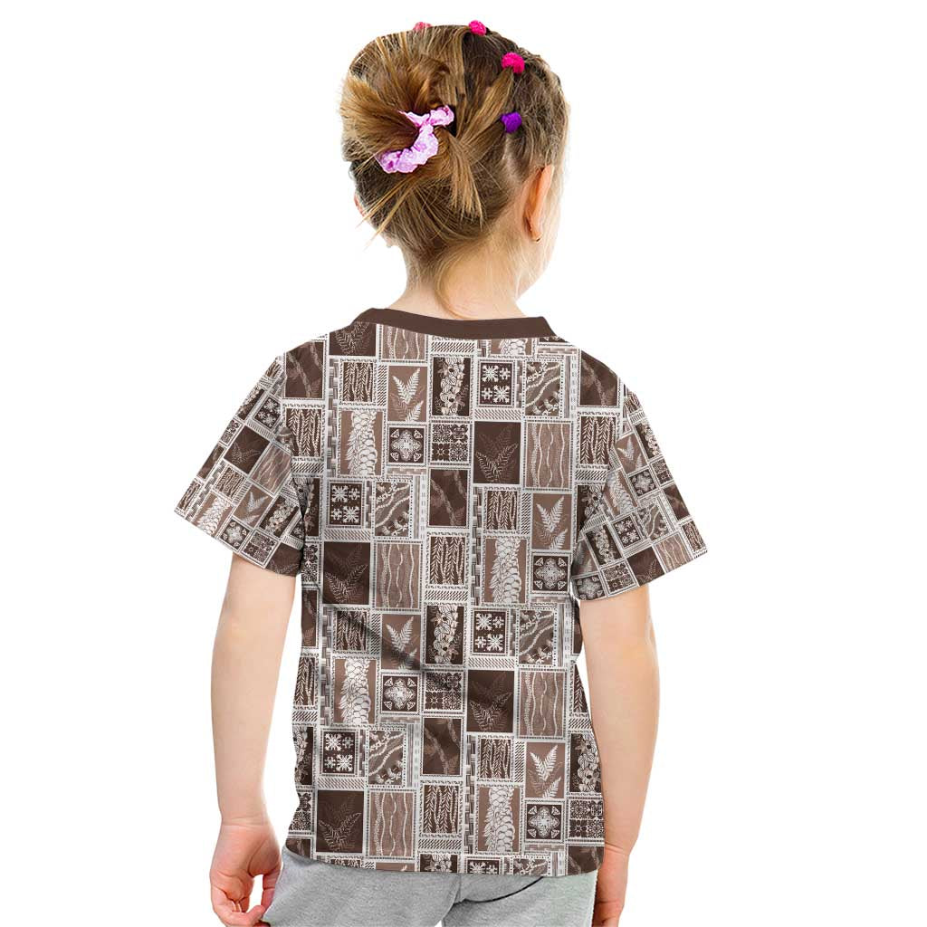 Vintage Aloha Block Quilt Kid T Shirt Beige Inspired Lei Motifs - Polynesian Pride