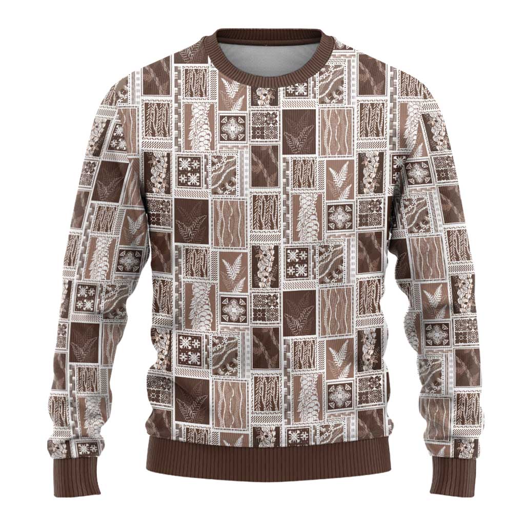 Vintage Aloha Block Quilt Ugly Christmas Sweater Beige Inspired Lei Motifs - Polynesian Pride