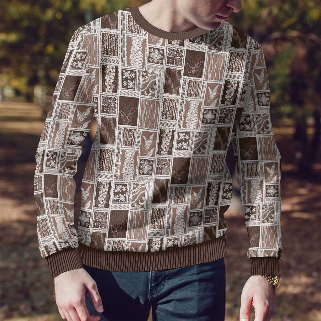 Vintage Aloha Block Quilt Ugly Christmas Sweater Beige Inspired Lei Motifs - Polynesian Pride