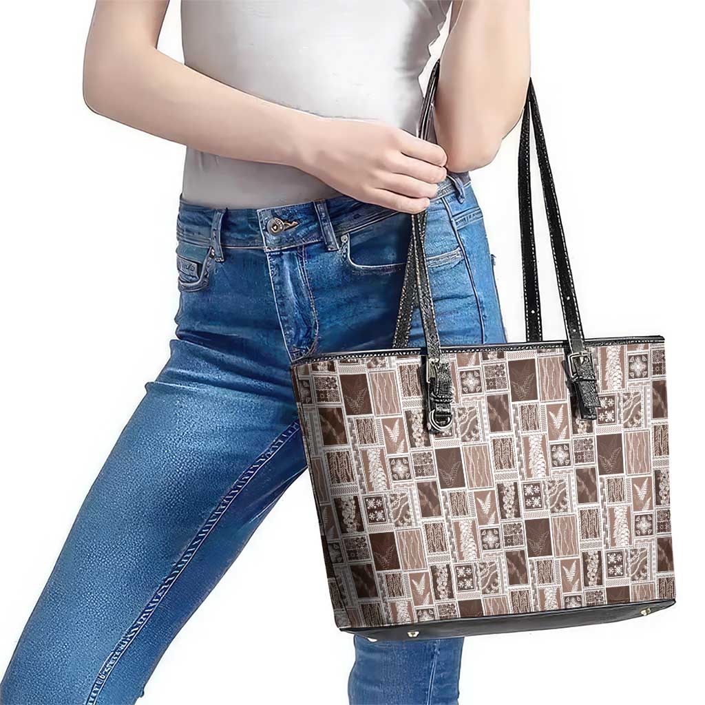 Vintage Aloha Block Quilt Leather Tote Bag Beige Inspired Lei Motifs - Polynesian Pride