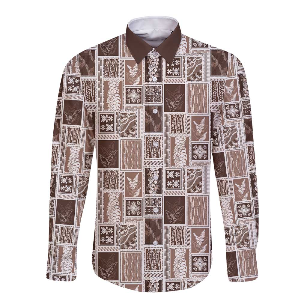 Vintage Aloha Block Quilt Long Sleeve Button Shirt Beige Inspired Lei Motifs - Polynesian Pride