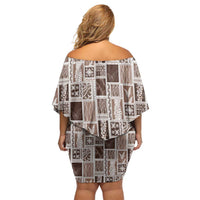 Vintage Aloha Block Quilt Off Shoulder Short Dress Beige Inspired Lei Motifs - Polynesian Pride