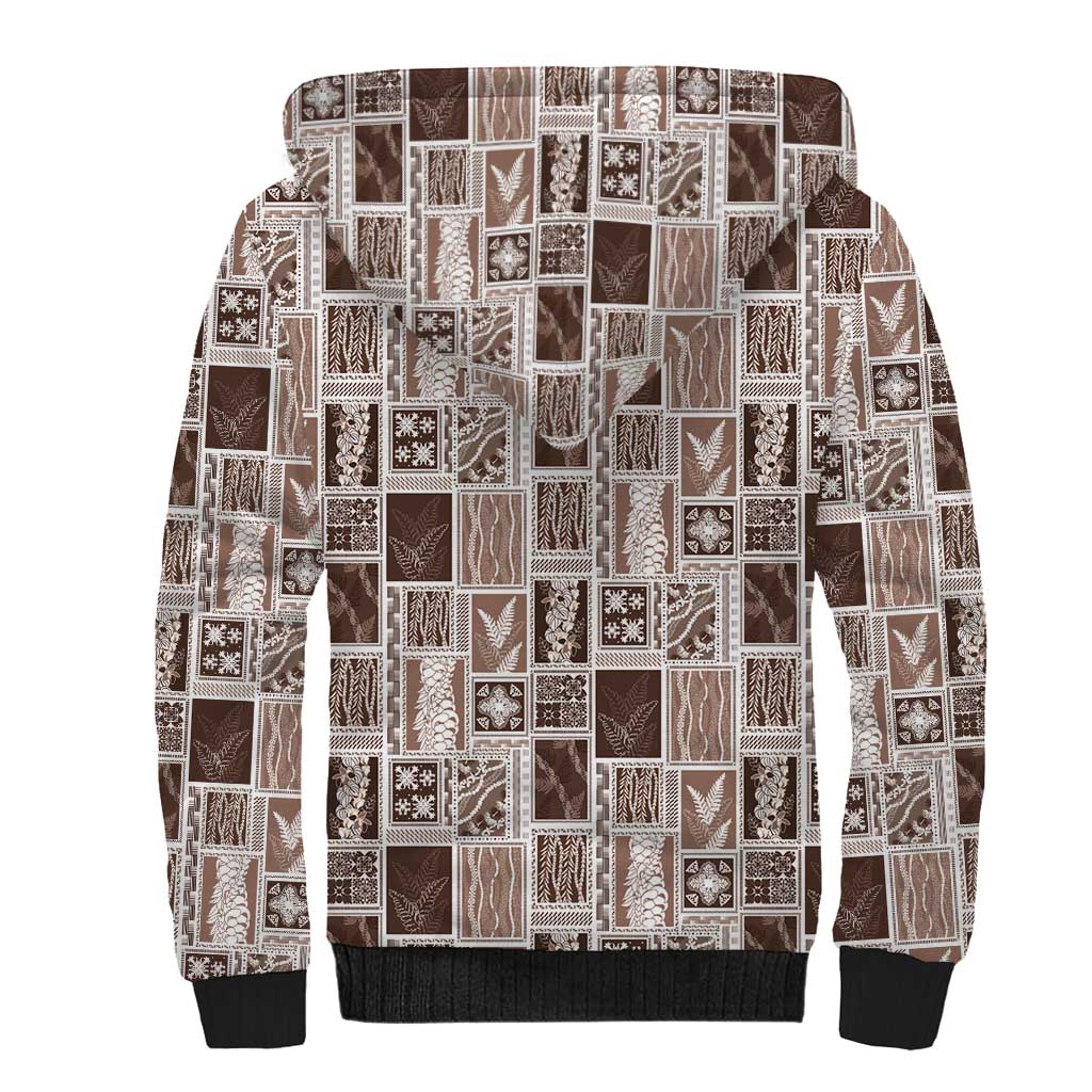 Vintage Aloha Block Quilt Sherpa Hoodie Beige Inspired Lei Motifs - Polynesian Pride