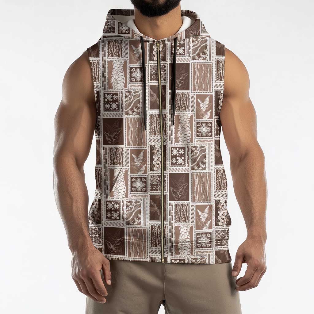 Vintage Aloha Block Quilt Sleeveless Zip Hoodie Beige Inspired Lei Motifs - Polynesian Pride