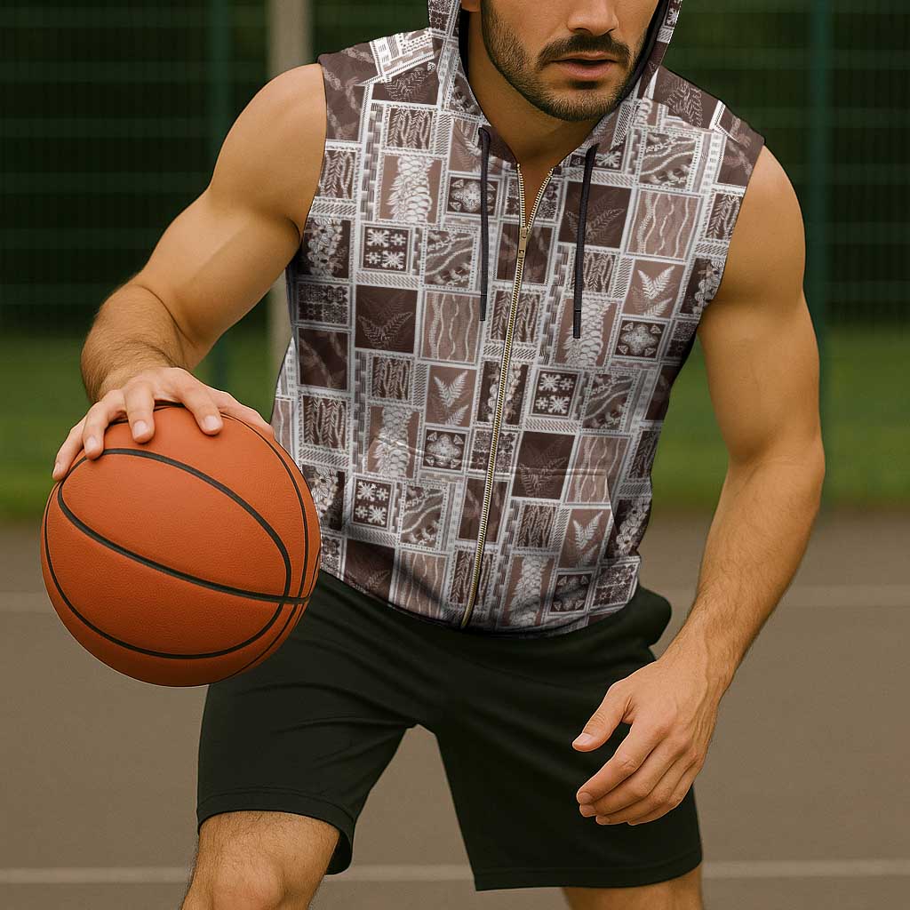 Vintage Aloha Block Quilt Sleeveless Zip Hoodie Beige Inspired Lei Motifs - Polynesian Pride