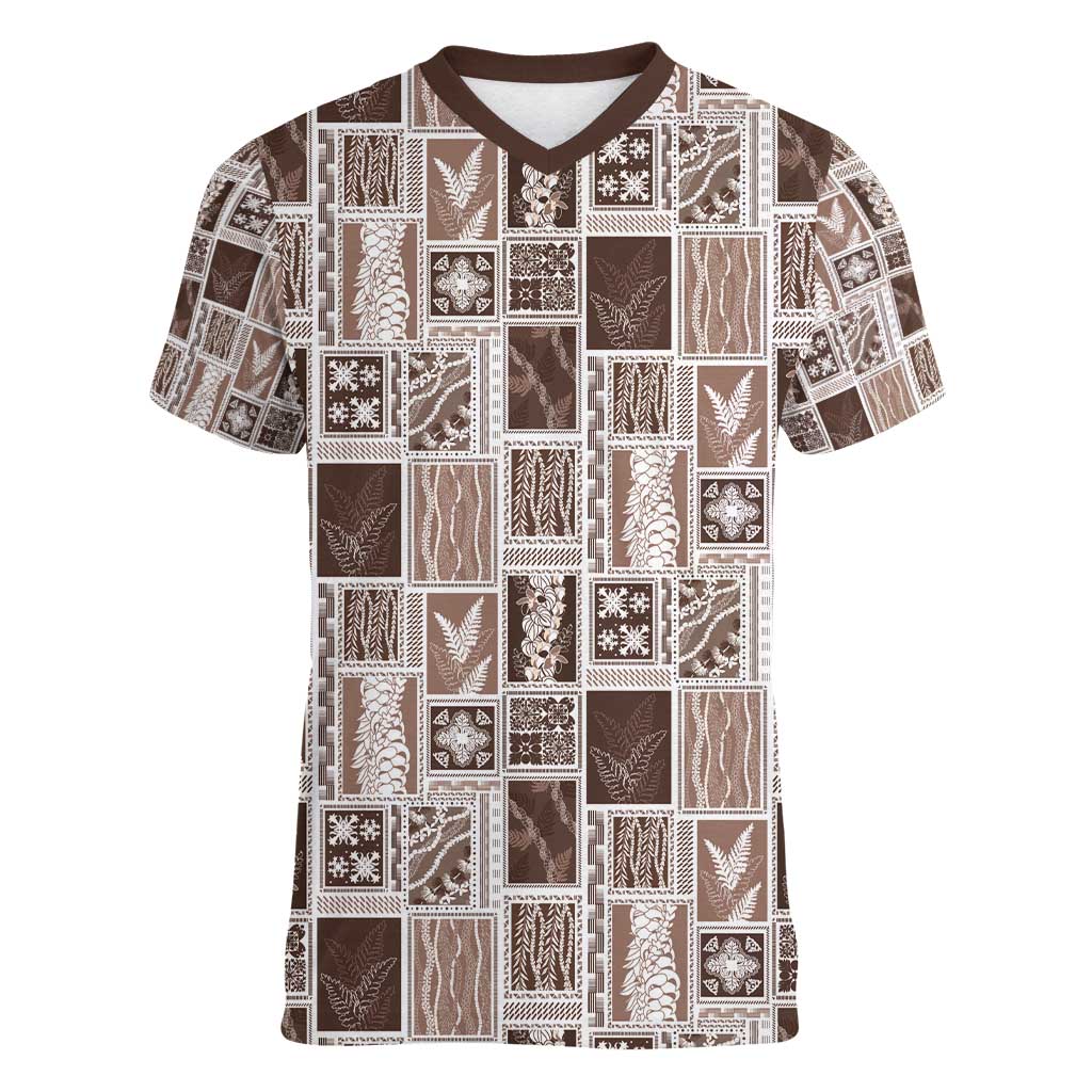 Vintage Aloha Block Quilt Women V-Neck T-Shirt Beige Inspired Lei Motifs - Polynesian Pride
