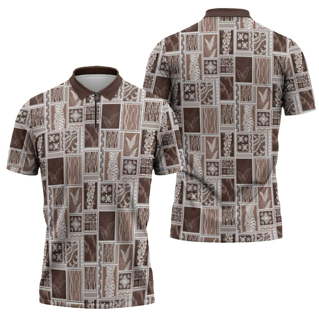 Vintage Aloha Block Quilt Zipper Polo Shirt Beige Inspired Lei Motifs - Polynesian Pride