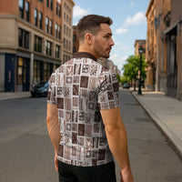 Vintage Aloha Block Quilt Zipper Polo Shirt Beige Inspired Lei Motifs - Polynesian Pride