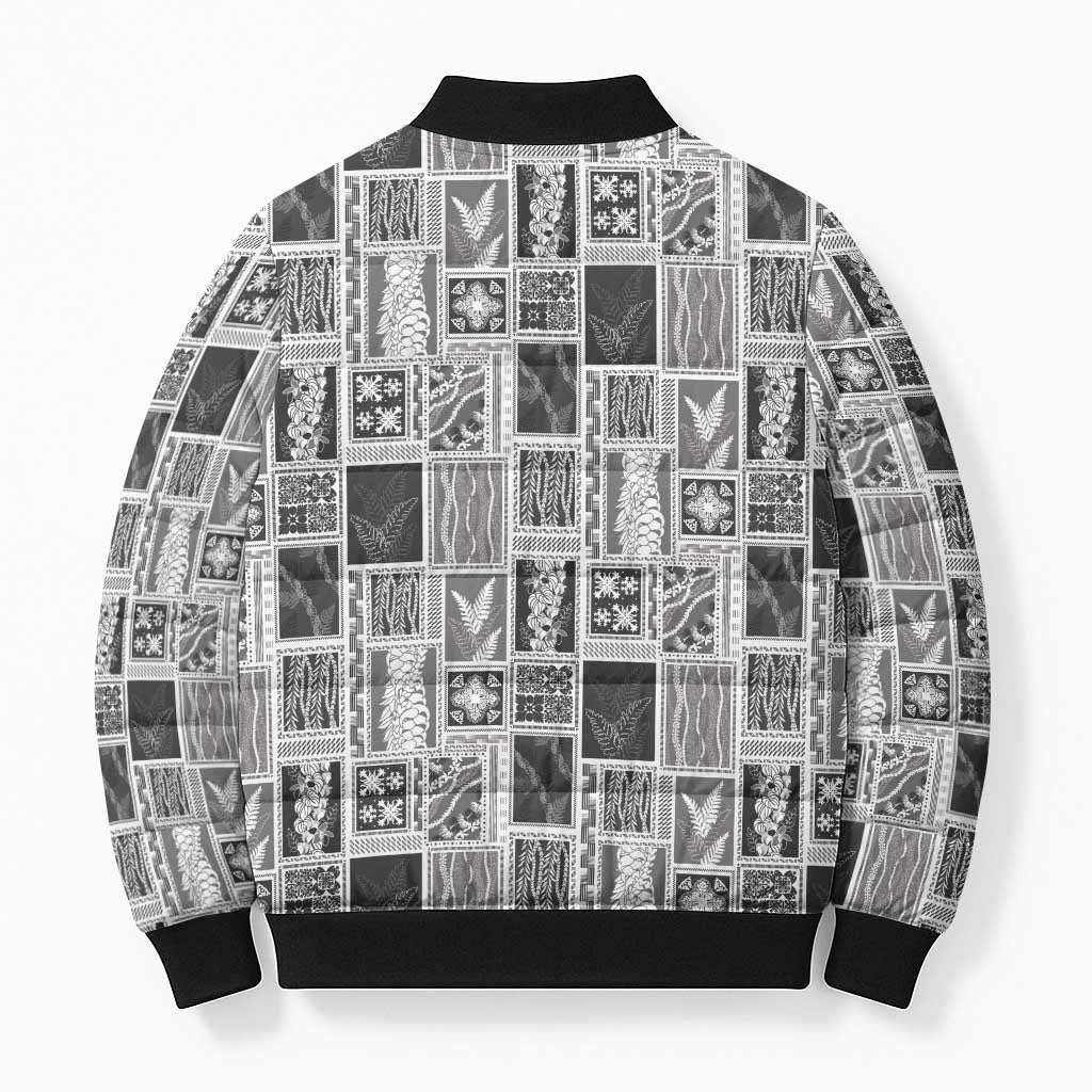 Vintage Aloha Block Quilt Bomber Puffer Jacket Black Inspired Lei Motifs - Polynesian Pride