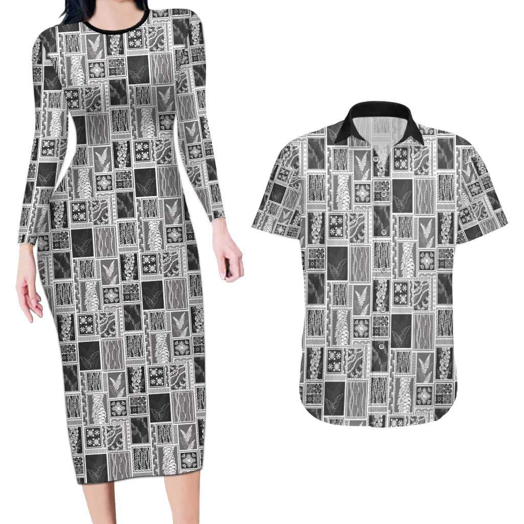 Vintage Aloha Block Quilt Couples Matching Long Sleeve Bodycon Dress and Hawaiian Shirt Black Inspired Lei Motifs - Polynesian Pride
