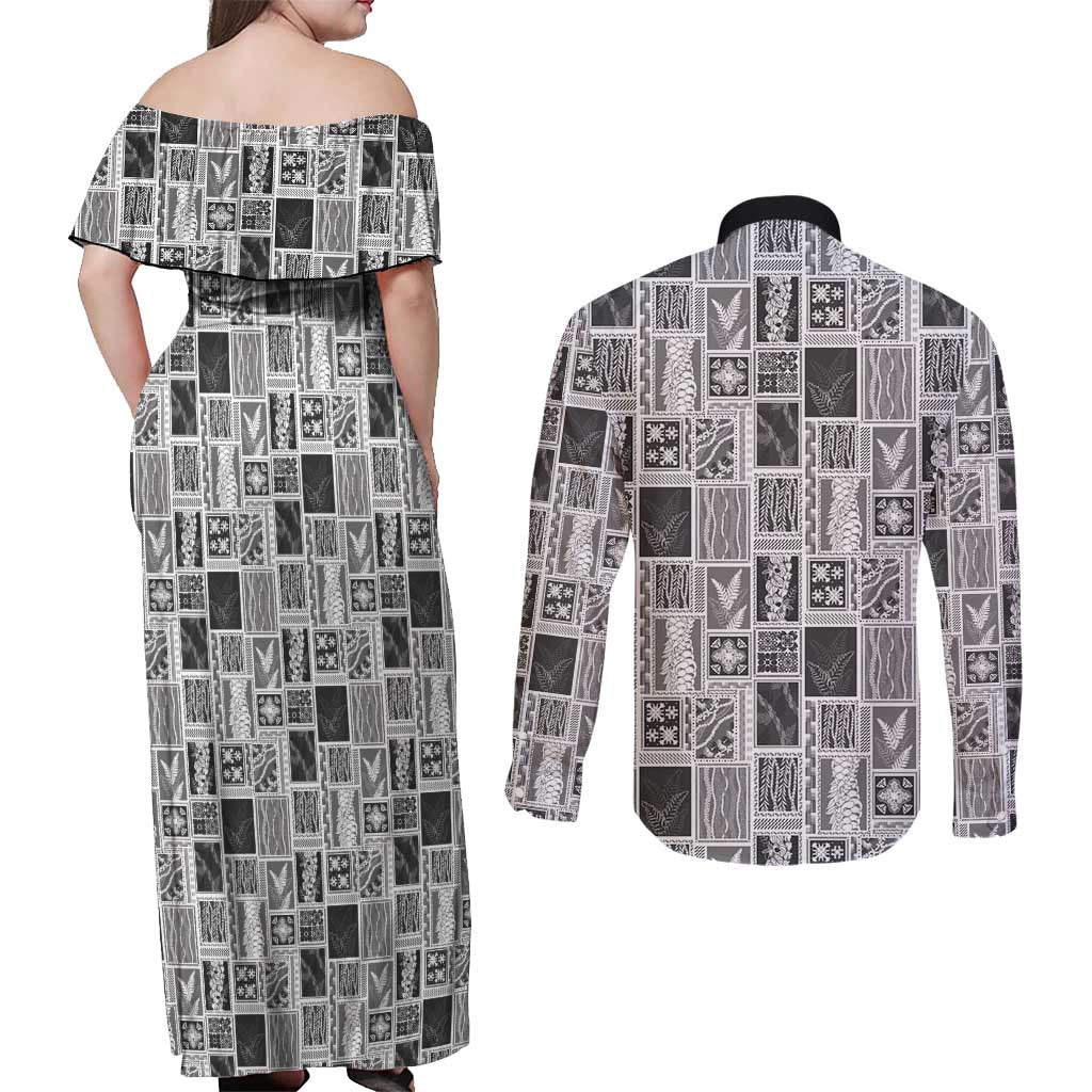 Vintage Aloha Block Quilt Couples Matching Off Shoulder Maxi Dress and Long Sleeve Button Shirt Black Inspired Lei Motifs - Polynesian Pride