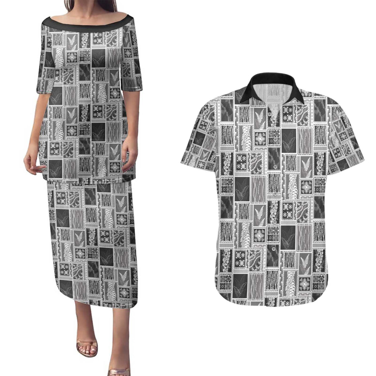 Vintage Aloha Block Quilt Couples Matching Puletasi and Hawaiian Shirt Black Inspired Lei Motifs - Polynesian Pride
