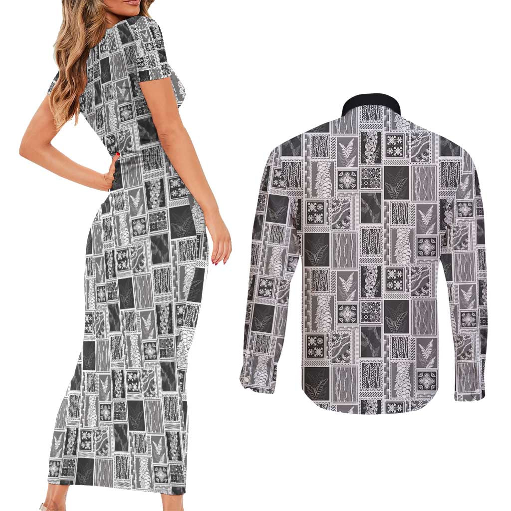 Vintage Aloha Block Quilt Couples Matching Short Sleeve Bodycon Dress and Long Sleeve Button Shirt Black Inspired Lei Motifs - Polynesian Pride
