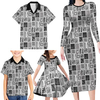 Vintage Aloha Block Quilt Family Matching Long Sleeve Bodycon Dress and Hawaiian Shirt Black Inspired Lei Motifs - Polynesian Pride