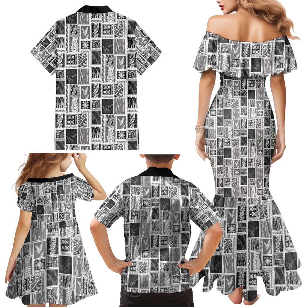 Vintage Aloha Block Quilt Family Matching Mermaid Dress and Hawaiian Shirt Black Inspired Lei Motifs - Polynesian Pride