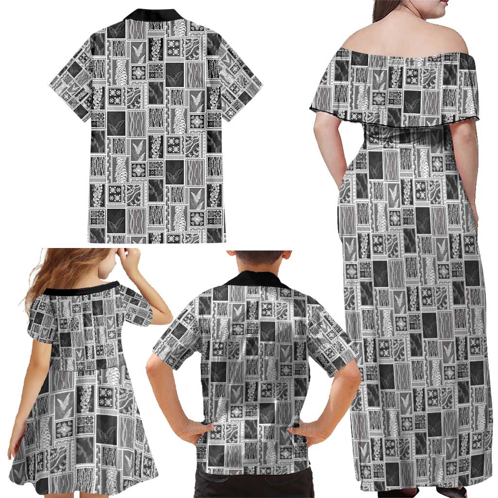 Vintage Aloha Block Quilt Family Matching Off Shoulder Maxi Dress and Hawaiian Shirt Black Inspired Lei Motifs - Polynesian Pride
