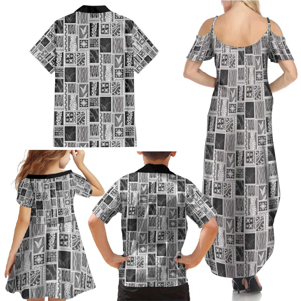 Vintage Aloha Block Quilt Family Matching Summer Maxi Dress and Hawaiian Shirt Black Inspired Lei Motifs - Polynesian Pride