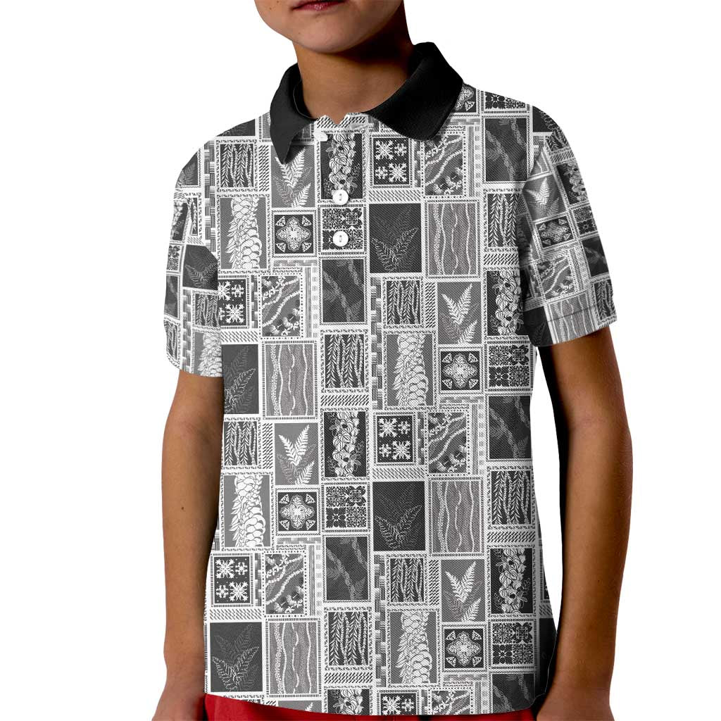 Vintage Aloha Block Quilt Kid Polo Shirt Black Inspired Lei Motifs - Polynesian Pride