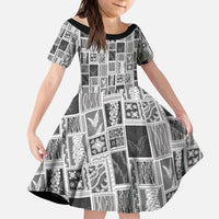Vintage Aloha Block Quilt Kid Short Sleeve Dress Black Inspired Lei Motifs - Polynesian Pride
