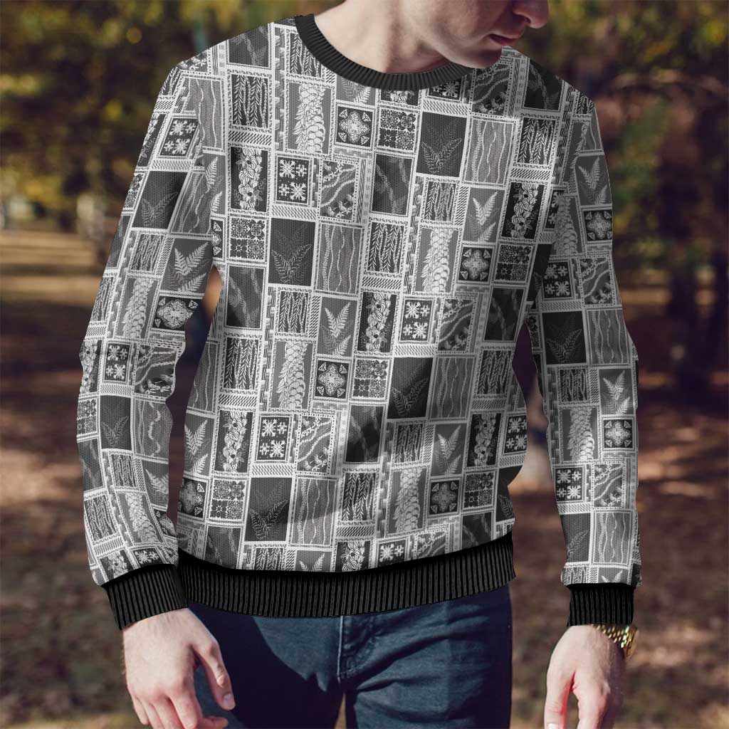 Vintage Aloha Block Quilt Ugly Christmas Sweater Black Inspired Lei Motifs - Polynesian Pride