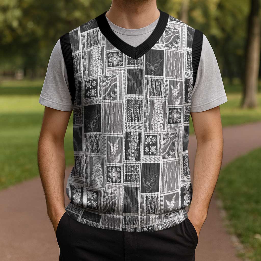 Vintage Aloha Block Quilt Christmas Knitted V-Neck Vest Black Inspired Lei Motifs - Polynesian Pride