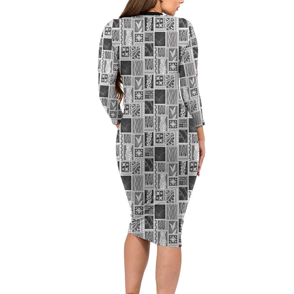 Vintage Aloha Block Quilt Long Sleeve Bodycon Dress Black Inspired Lei Motifs - Polynesian Pride