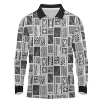 Vintage Aloha Block Quilt Long Sleeve Polo Shirt Black Inspired Lei Motifs - Polynesian Pride
