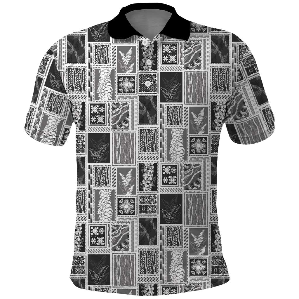 Vintage Aloha Block Quilt Polo Shirt Black Inspired Lei Motifs - Polynesian Pride