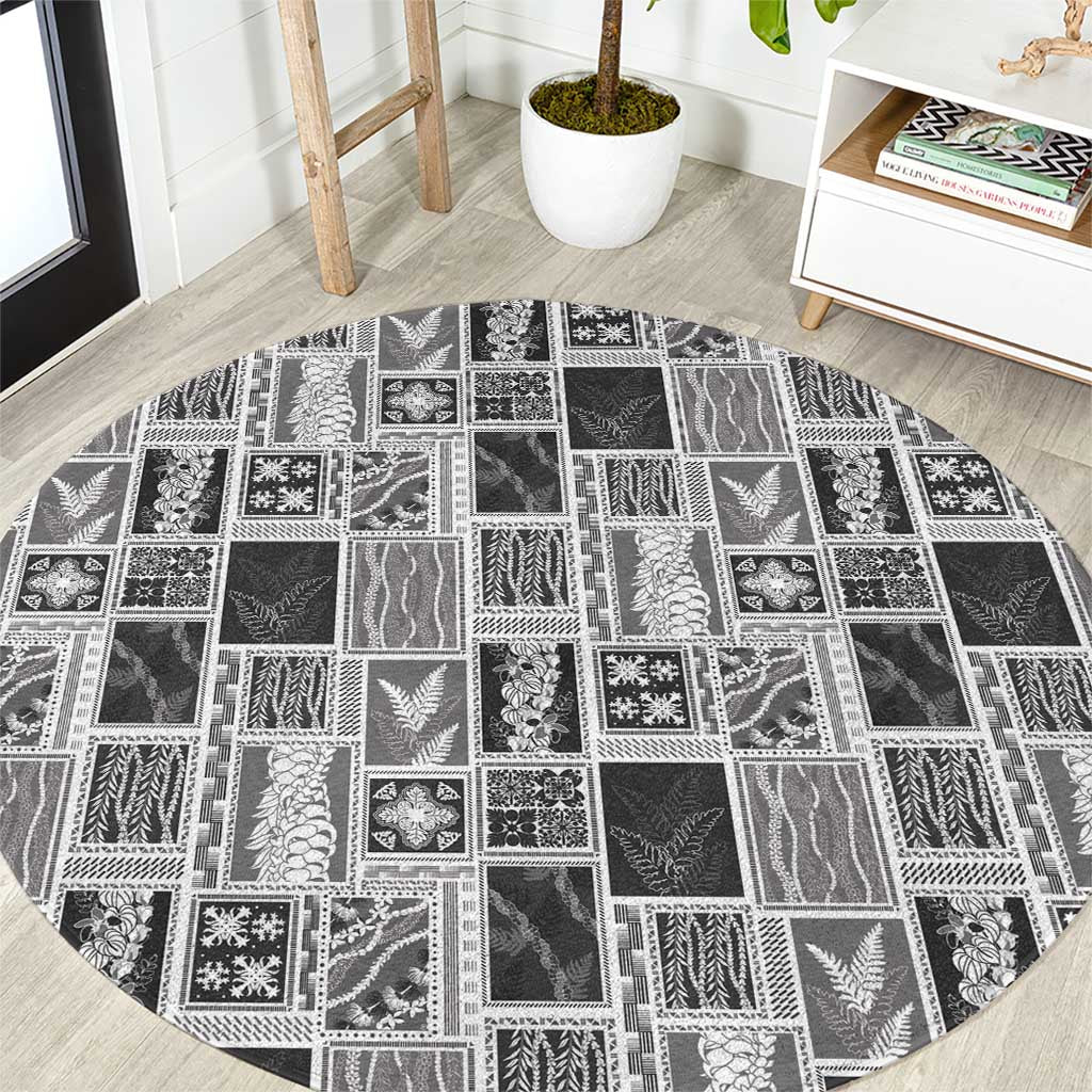 Vintage Aloha Block Quilt Round Carpet Black Inspired Lei Motifs - Polynesian Pride