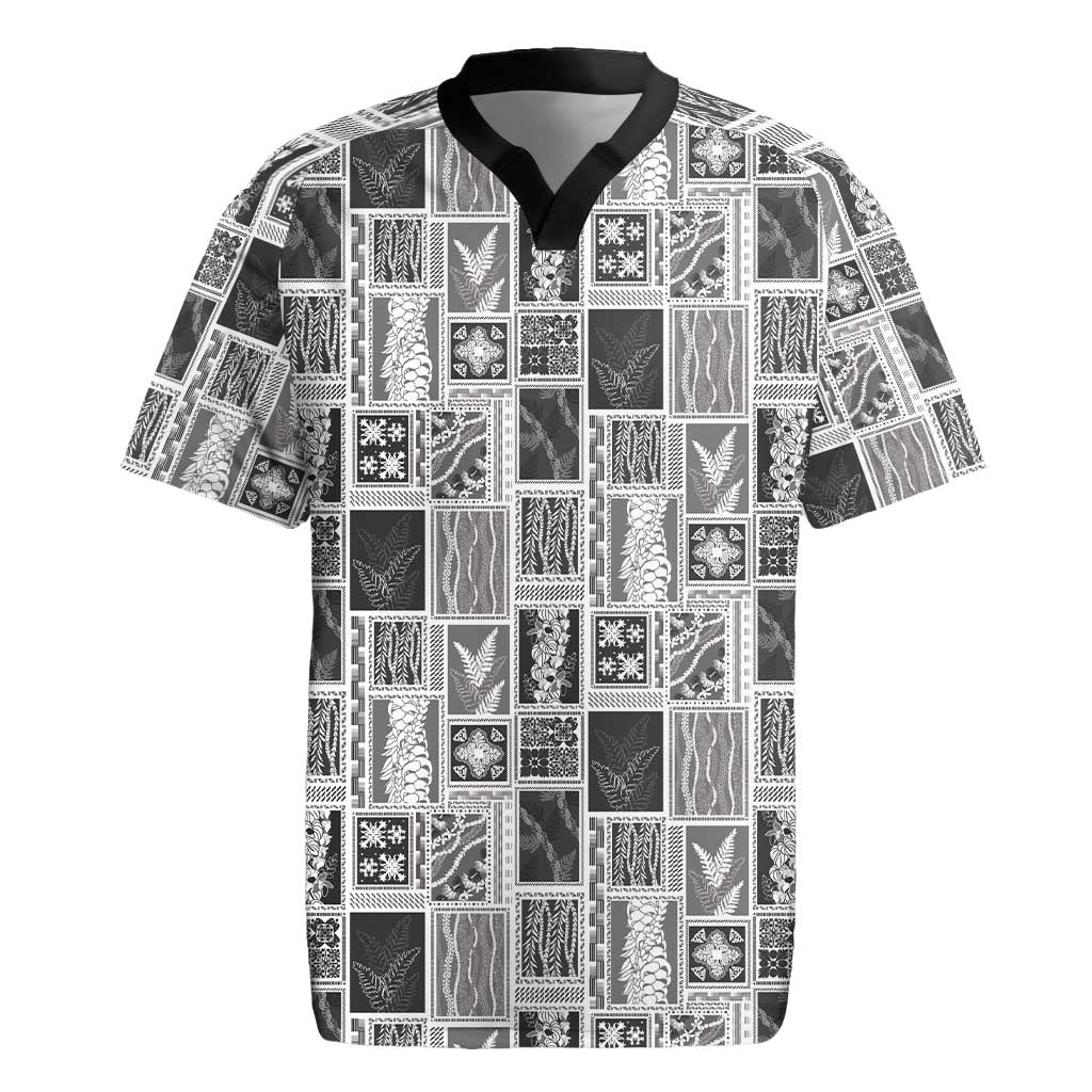 Vintage Aloha Block Quilt Rugby Jersey Black Inspired Lei Motifs - Polynesian Pride